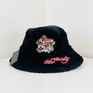 ED HARDY NWT Unisex Faux Fur Black Y2K Style Skull Embroidered Bucket Hat